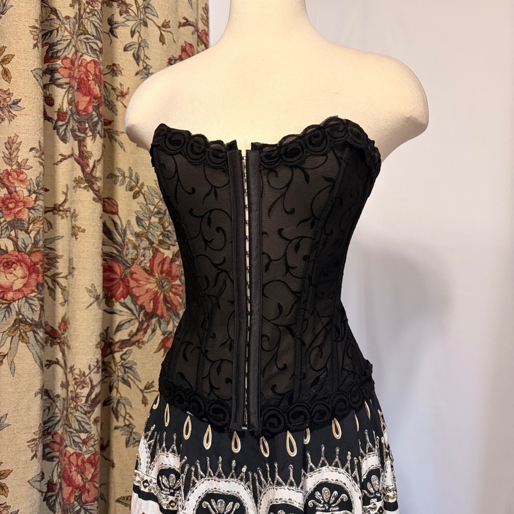 Fredericks of Hollywood Black Velvet Flock Mesh Lace Up Corset Top Floral Swirl